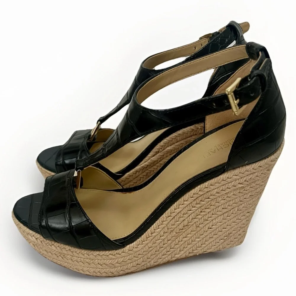 Michael Kors Fanning Espadrille Wedge Shoes Women’s Sz 8 Black Faux Leather Jute